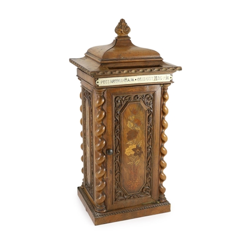 54 - A mid 19th century French marquetry inlaid walnut country house post box, of architectural form, wit... 