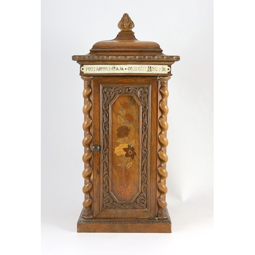 54 - A mid 19th century French marquetry inlaid walnut country house post box, of architectural form, wit... 