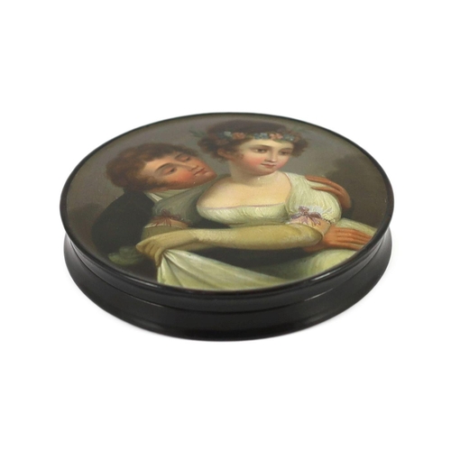 55 - A Stobwasser papier mache snuff box, painted with lovers, signed and numbered 5642, 9.5cm