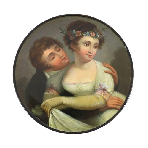 55 - A Stobwasser papier mache snuff box, painted with lovers, signed and numbered 5642, 9.5cm