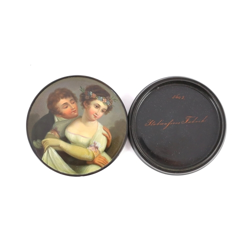 55 - A Stobwasser papier mache snuff box, painted with lovers, signed and numbered 5642, 9.5cm