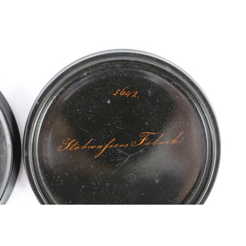 55 - A Stobwasser papier mache snuff box, painted with lovers, signed and numbered 5642, 9.5cm