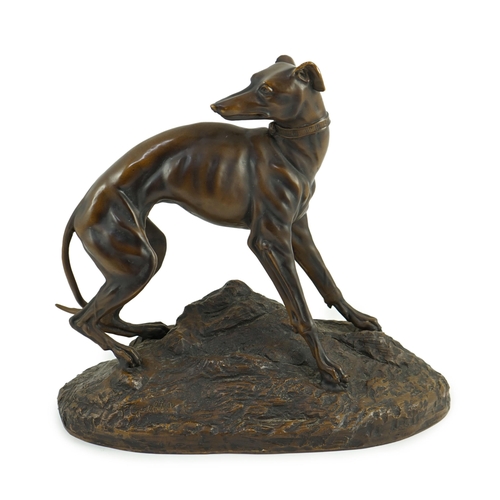 62 - Jean Francois Théodore Gechter (French 1796-1844). A bronze model of a  greyhound on naturalistic ba... 