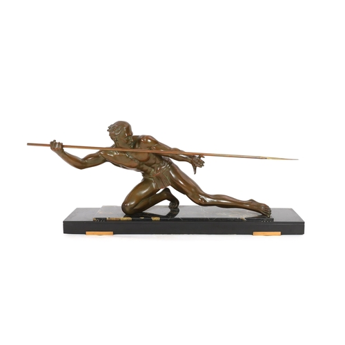 63 - Pierre Joseph Hugonnet.  A 1930s French Art Deco bronze model of a spear thrower, kneeling with spea... 