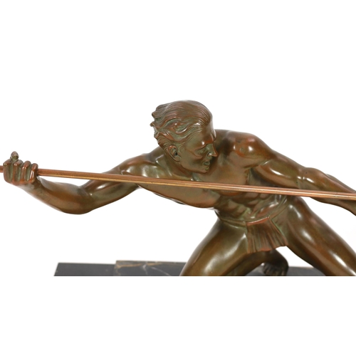 63 - Pierre Joseph Hugonnet.  A 1930s French Art Deco bronze model of a spear thrower, kneeling with spea... 