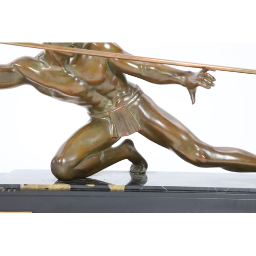 63 - Pierre Joseph Hugonnet.  A 1930s French Art Deco bronze model of a spear thrower, kneeling with spea... 