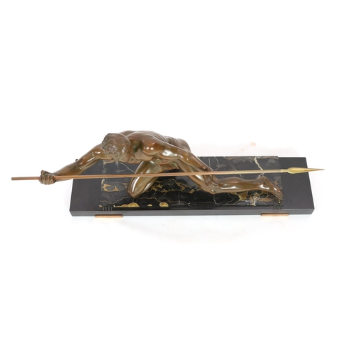 63 - Pierre Joseph Hugonnet.  A 1930s French Art Deco bronze model of a spear thrower, kneeling with spea... 