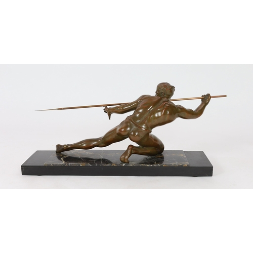 63 - Pierre Joseph Hugonnet.  A 1930s French Art Deco bronze model of a spear thrower, kneeling with spea... 