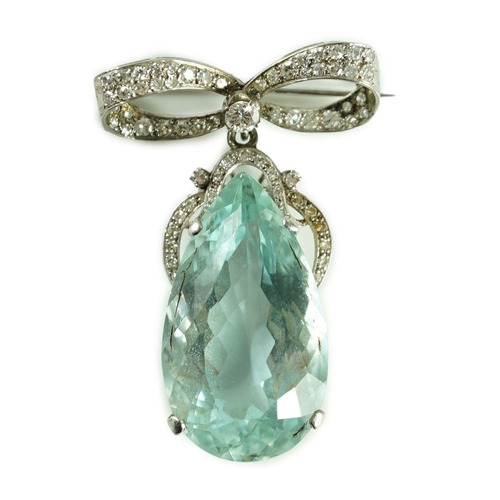 717 - A mid 20th century continental white gold, facet cut pear shaped aquamarine and diamond set drop pen... 