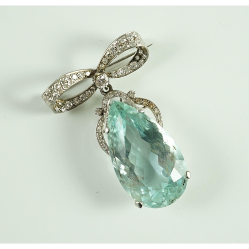 717 - A mid 20th century continental white gold, facet cut pear shaped aquamarine and diamond set drop pen... 