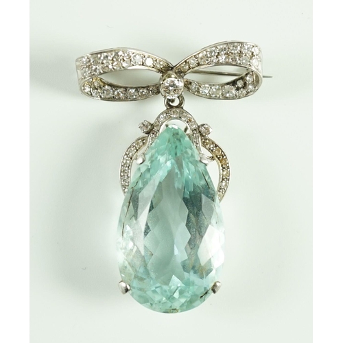 717 - A mid 20th century continental white gold, facet cut pear shaped aquamarine and diamond set drop pen... 