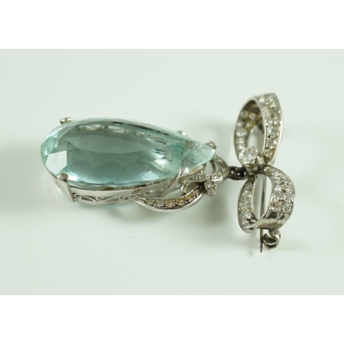 717 - A mid 20th century continental white gold, facet cut pear shaped aquamarine and diamond set drop pen... 