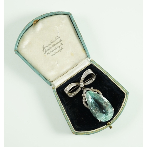 717 - A mid 20th century continental white gold, facet cut pear shaped aquamarine and diamond set drop pen... 