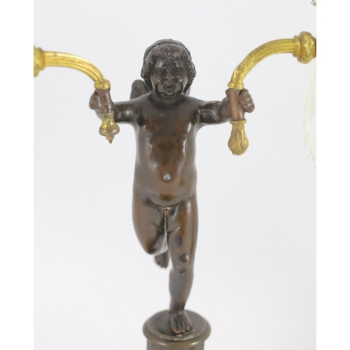 73 - A pair of early 19th century bronze and ormolu figural candelabra, each modelled as a cherub holding... 