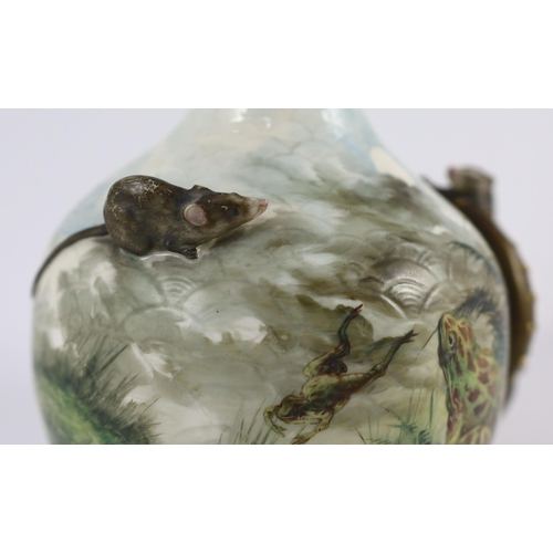 79 - An unusual Royal Worcester frog and mice ewer, c.1880, modelled with three mice clambering over th... 