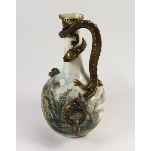 79 - An unusual Royal Worcester frog and mice ewer, c.1880, modelled with three mice clambering over th... 