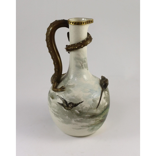 79 - An unusual Royal Worcester frog and mice ewer, c.1880, modelled with three mice clambering over th... 