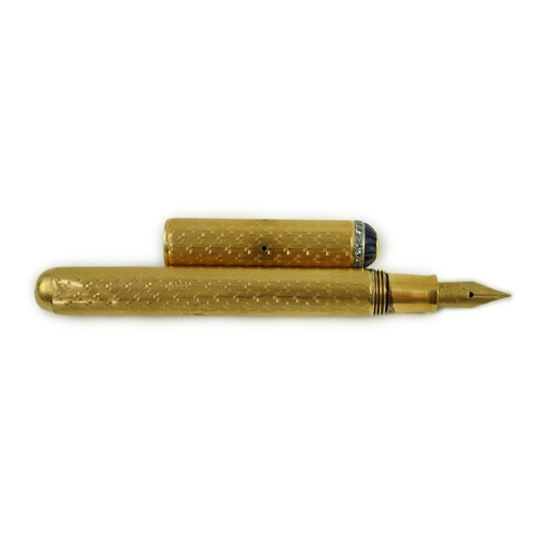 8 - A late 1930's 18ct gold cased and sapphire and diamond set side lever fountain pen, with Dunhill Nam... 