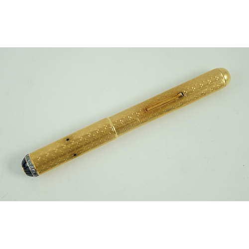 8 - A late 1930's 18ct gold cased and sapphire and diamond set side lever fountain pen, with Dunhill Nam... 