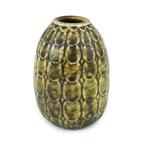 84 - A Martin Brothers scale pattern ovoid small vase, dated 1910, covered in an olive green glaze, incis... 