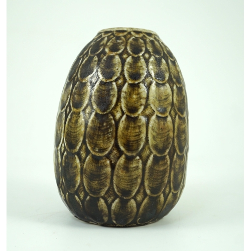 84 - A Martin Brothers scale pattern ovoid small vase, dated 1910, covered in an olive green glaze, incis... 