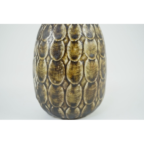 84 - A Martin Brothers scale pattern ovoid small vase, dated 1910, covered in an olive green glaze, incis... 