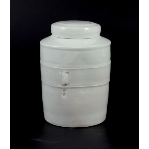 90 - § § Edmund de Waal (b.1964) a banded cylinder porcelain lidded jar, c.1993, covered in a pale celado... 