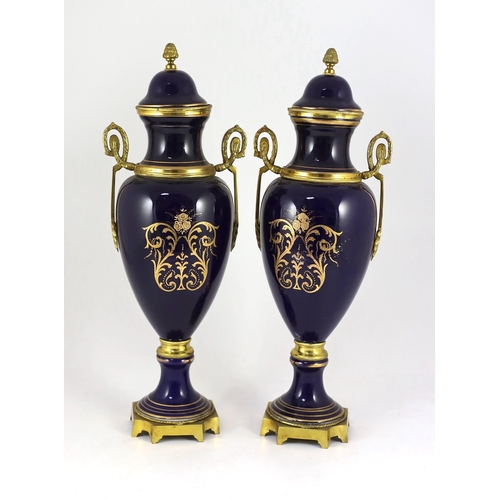 96 - A pair of Sevres style porcelain and ormolu mounted vases, late 20th century, each decorated with fi... 