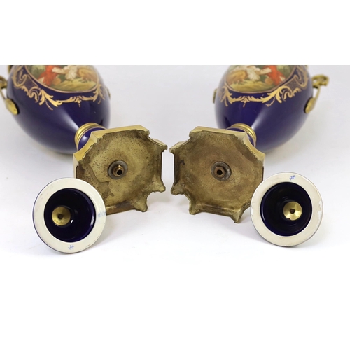 96 - A pair of Sevres style porcelain and ormolu mounted vases, late 20th century, each decorated with fi... 