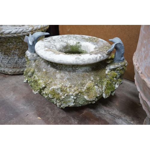 1011 - A large circular reconstituted stone ram's head garden planter / fountain head, diameter 66cm, heigh... 