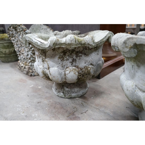 1018 - A pair of circular reconstituted stone fluted garden planters, diameter 52cm, height 39cm