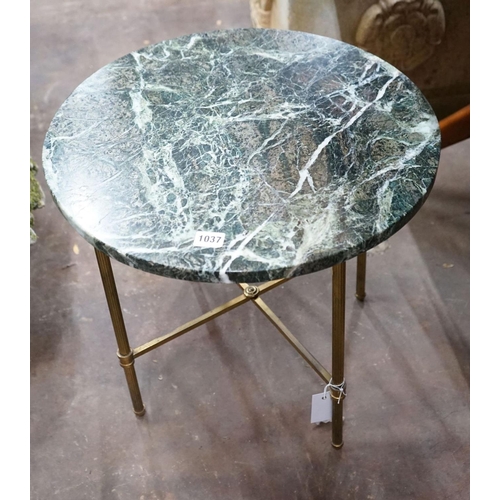 1037 - A Maison Jansen style circular brass marble topped occasional table, diameter 49cm, height 46cm... 