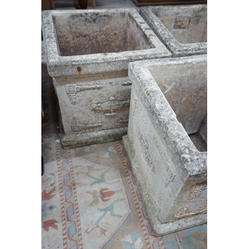 1051 - A set of three square reconstituted stone garden planters, width 47cm, height 50cm