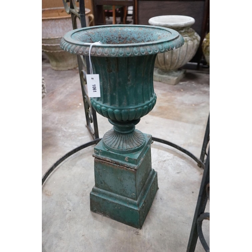 1061 - A Victorian painted cast iron campana garden urn on square pedestal stand, diameter 40cm, height 80c... 