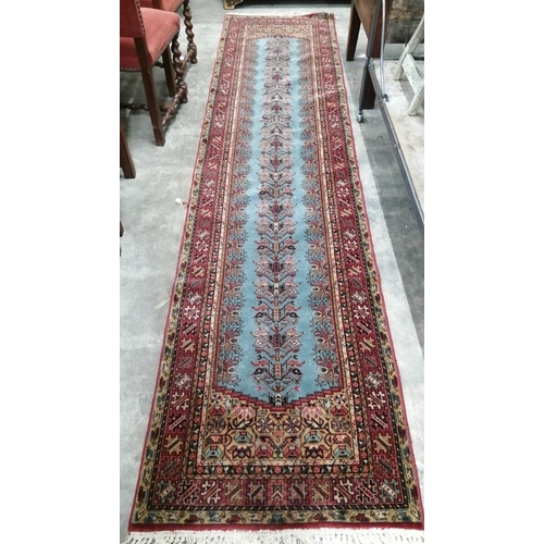 1070 - A Caucasian blue ground runner (a/f), 300 x 94cm together with a North West Persian style machined b... 