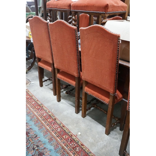 1074 - A set of ten Carolean design upholstered oak dining chairs