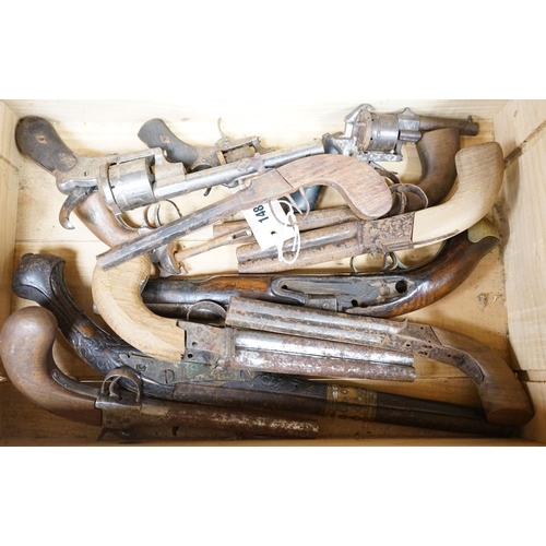 1482 - A group of percussion cap pistols and pin fire revolvers, 19th century, for restoration.