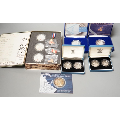 1483 - Cased Royal Mint UK proof coins  a Diana Memorial silver coin, a Millennium £5, a D-day 3 coin silv... 