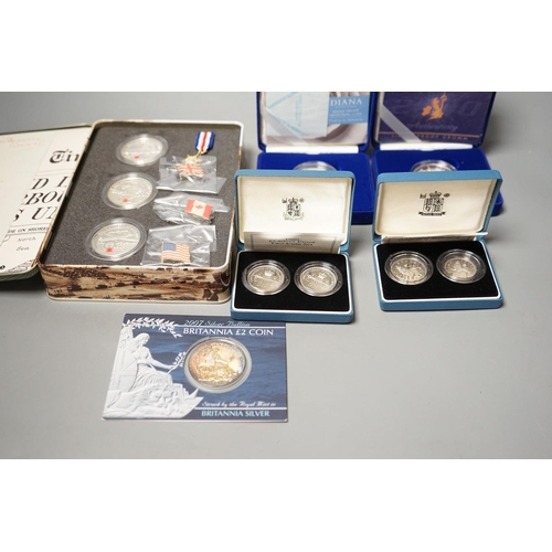 1483 - Cased Royal Mint UK proof coins  a Diana Memorial silver coin, a Millennium £5, a D-day 3 coin silv... 