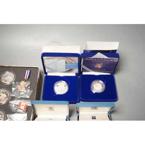 1483 - Cased Royal Mint UK proof coins  a Diana Memorial silver coin, a Millennium £5, a D-day 3 coin silv... 