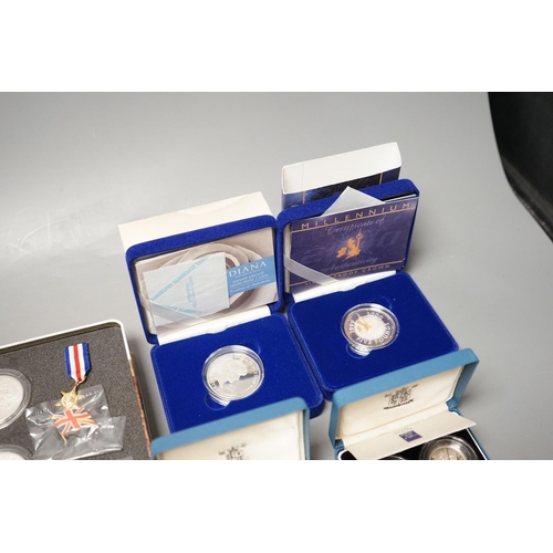 1483 - Cased Royal Mint UK proof coins  a Diana Memorial silver coin, a Millennium £5, a D-day 3 coin silv... 