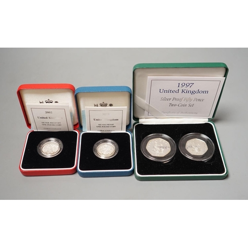 1487 - Eight cased Royal Mint proof silver £1 coins for 1997, 2001, 2 x 2002, 2003, 2004 and 2008 & 2009, f... 