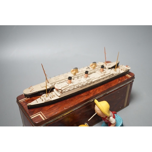 1490 - Bassett-Lowke Waterline Model Ships and a Japanned boxed celluloid pig chaser toy, 9cms high.... 