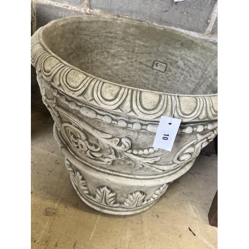 10 - A pair of large reconstituted stone circular garden planters, diameter 55cm height 49cm
