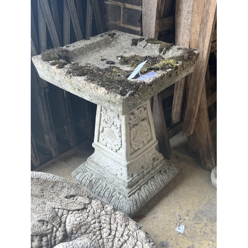 2 - A reconstituted stone square garden bird bath, width 36cm height 54cm