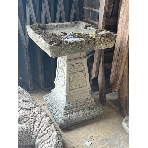 2 - A reconstituted stone square garden bird bath, width 36cm height 54cm