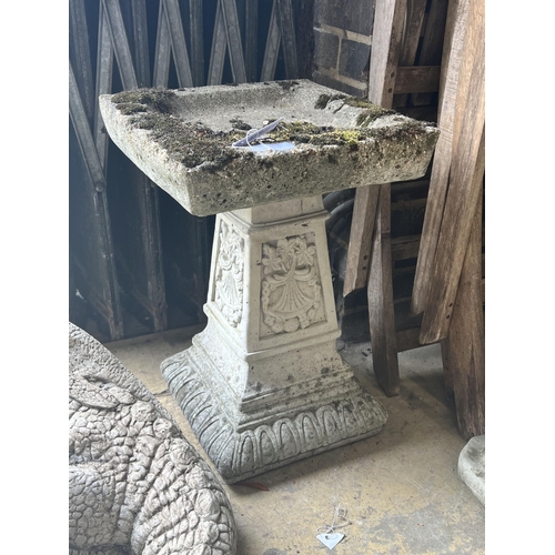2 - A reconstituted stone square garden bird bath, width 36cm height 54cm