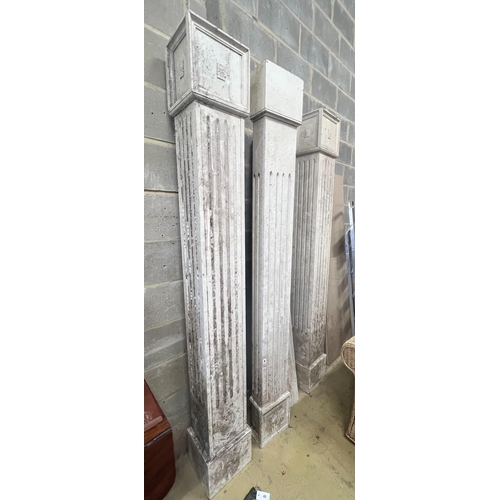 44 - Four painted wood fluted square columns, tallest 222cm