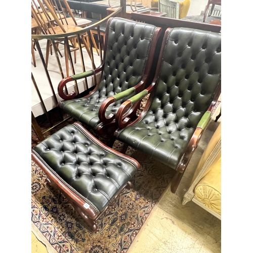 54 - A pair of Victorian style mahogany and buttoned green leather open armchairs and matching footstool... 