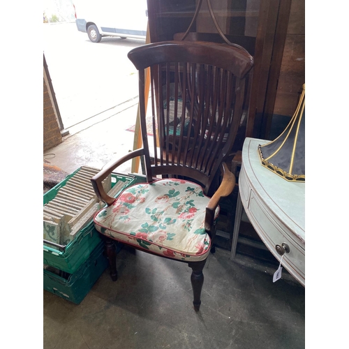 1001 - A late Victorian / Edwardian mahogany lathe back armchair with solid seat, width 63cm, depth 48cm, h... 